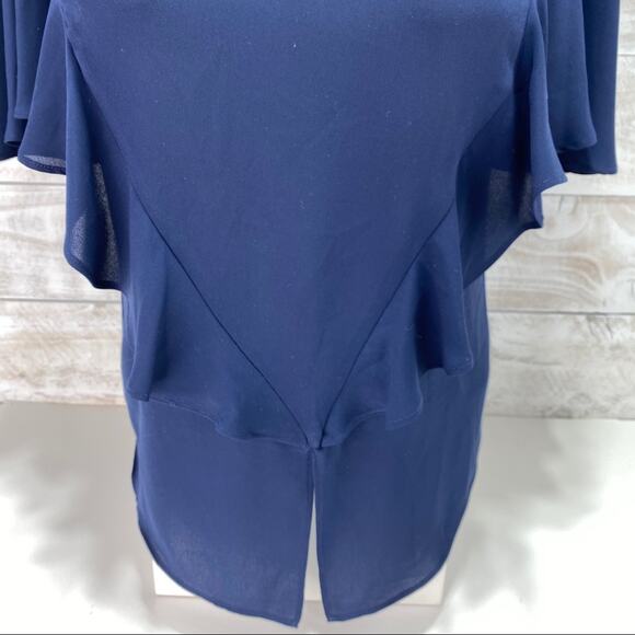 BCBGMAXAZRIA Navy Blue Solid Ruffle Short Sleeve Polyester Blouse Top Size XS - Picture 3 of 10